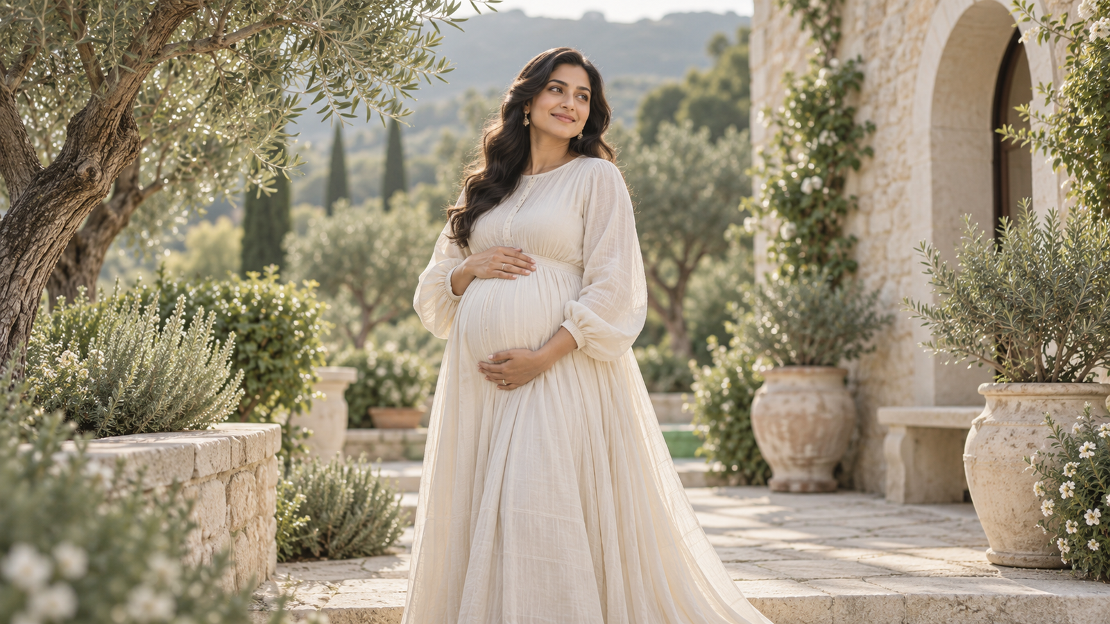 AI concept: maternity portrait in an olive garden